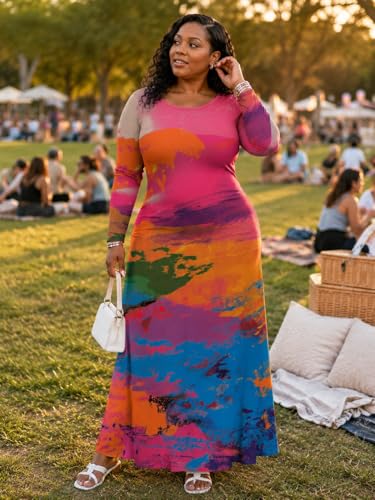 Image of PinkPatty Plus Size Maxi Dress for Curvy Women Crew Neck Long Sleeves Casual Dress Vacation Sundresses with Pockets