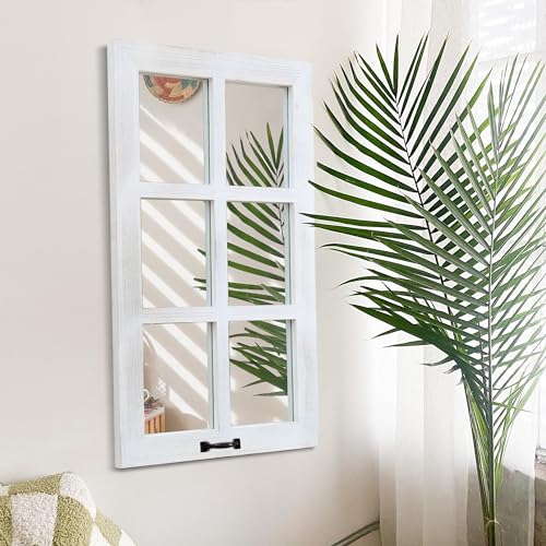 LOSOUR 24x40 Mirrors for Wall Decor, Farmhouse Distressed Wood Windowpane Mirror, Rustic Home Decor Accents, Wall Decor for Bedroom Living Room Dining Room, Kitchen, Mantle (1, White, 40' L x 24' W)
