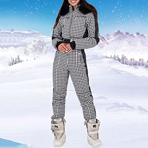 Zpervoba Snow Suits For Women Winter Onesies Ski Suit Houndstooth Ski Outfits Outdoor Sports Hooded Fur Collar Jumpsuits, Zpervoba-Zhm1013 #TOP1