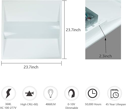 Miniatura 2 de Luz LED Troffer de 2 x 2 pies, 25 W, 5000 K, 3375 lúmenes, 24 x 24 pulgadas, luz LED de panel plano 1-10 V regulable para oficinas, pasillos, aulas,