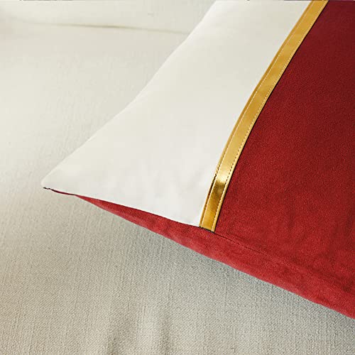 Image of Fancy Homi 2 Packs Christmas Red Throw Pillow Covers 18x18 Inch for Living Room Couch Bed, Red and White Velvet Patchwork with Gold Leather, Christmas Home Decor, Square Cushion Case 45x45 cm