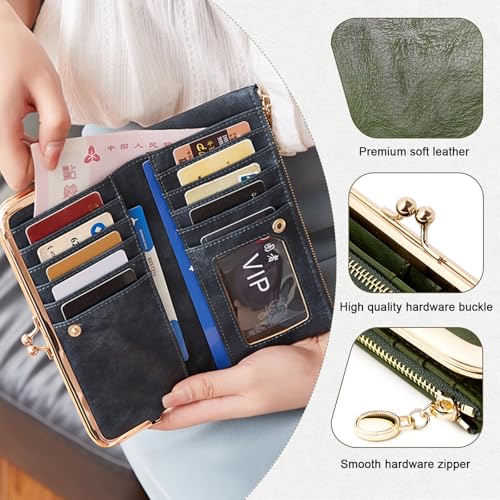 Image of Vintage Wallets for Women Large Bifold Kiss Lock Wallet for Women Leather Zip Clutch Coin Purse