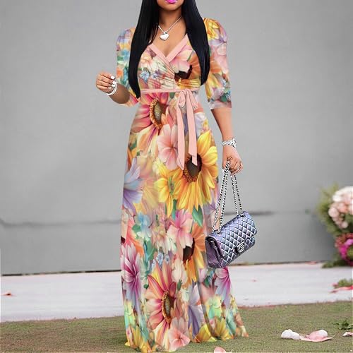 Image of Plus Size Maxi Dress for Women V Neck Flowy Dresses with Pockets for Wedding Guest Church