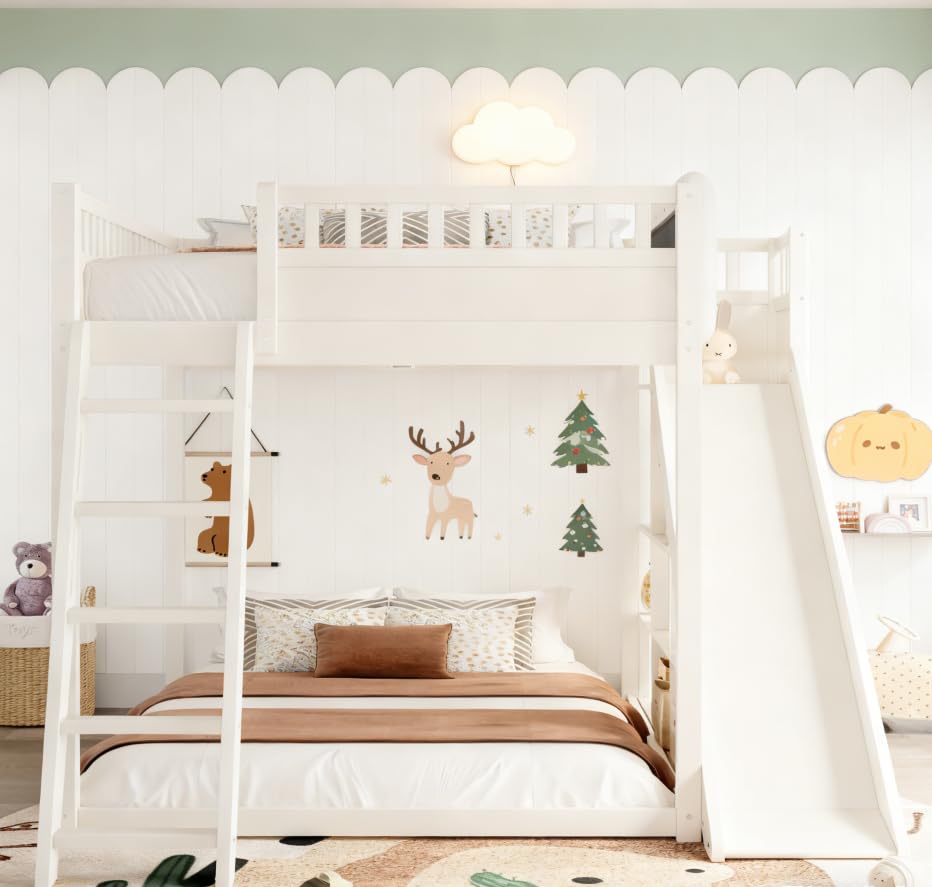 Image of Bellemave Bunk beds Full Over Full with Slide and Stair and headboard, Low bunk /loft Bed for Kids,Beige