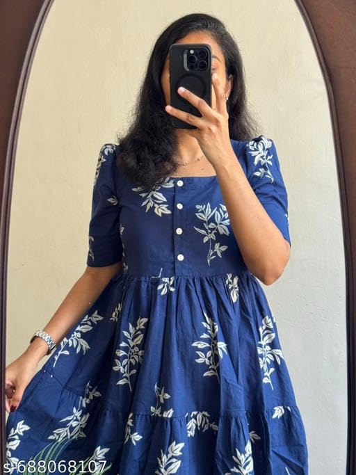 Image of Women's Cotton Floral Leaf Print Tiered Midi Dress - Square Neck, Short Sleeve A-Line Smock Dress for Casual Summer & Vacation Wear