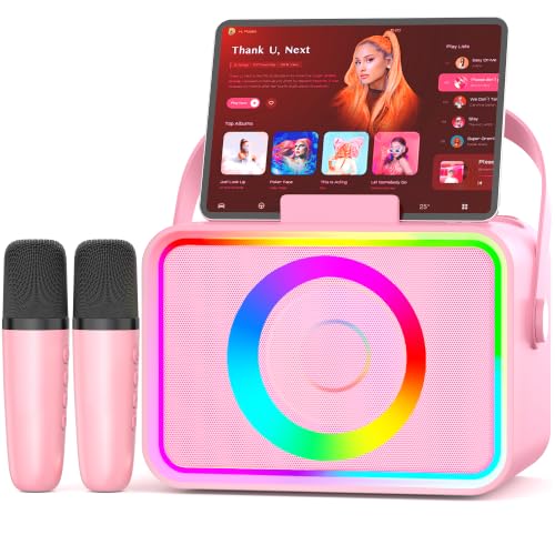 Karaoke Machine for Kids Adults Portable Bluetooth Speaker with 2 Wireless Microphone with LED Lights Karaoke Microphone with PA System Supports USB/TF/AUX Gift for Party(Black) (Pink)