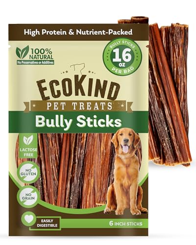 EcoKind Pet Treats All-Natural Premium 6 Inch Bully Sticks for Dogs | 16 Oz. Bag | Delicious Protein Rich Dog Chews