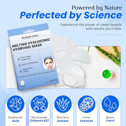 Bio Hydratique Melting Hydrogel Face Mask with Hyaluronic Acid – Deep Hydration & Pore Tightening, Glass Skin Look – Dermatologist Tested, Anti Aging Korean Skin Care, Vegan, Clean Beauty – Pack of 10