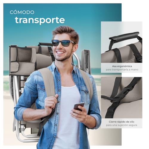 Miniatura 5 de tectake® Silla Playa Plegable con Respaldo Ajustable, Función Mochila, Silla Camping Ligera, Ideal cómo Sillas Playa o Sillas Plegables Camping para Relax - 2 Unidades Beige