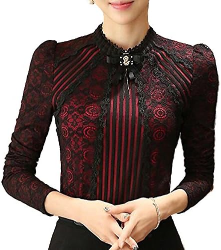 SansoiSan Women's Vintage Beaded Buttons Pleated Shirt Long Sleeve Lace Stretchy Blouse (Red, Large)