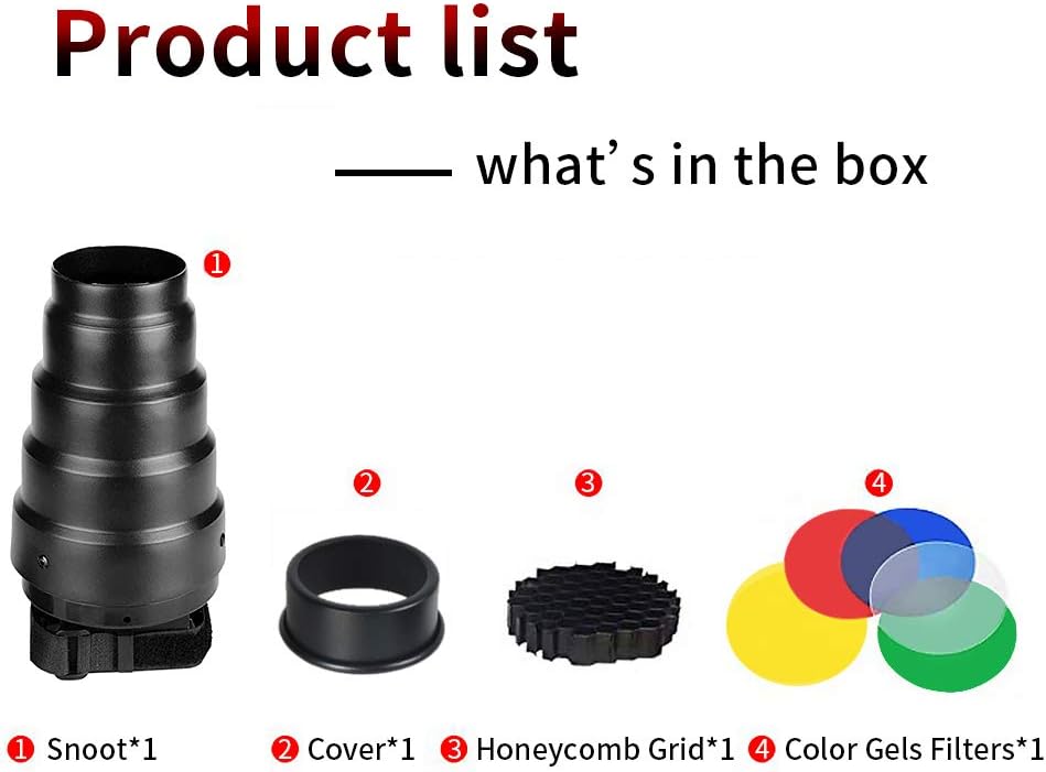 Soonpho Conical Snoot Kit for Speedlite Flash Accessories,Aluminium Alloy Snoot with Honeycomb Grid & 5pcs Color Gel Filters