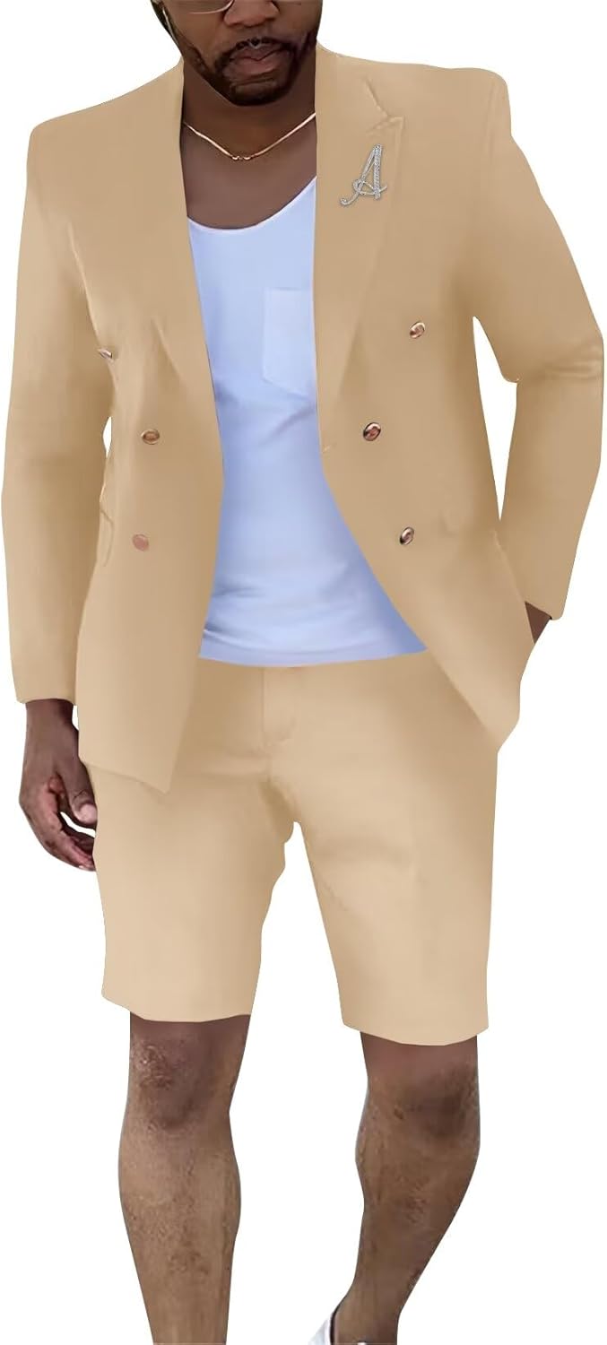 Shorts Suits for Men 2 Piece Slim Fit Double Breasted Tuxedo Peak Lapel Casual Summer Suit for Groom Men Prom Dinner Party