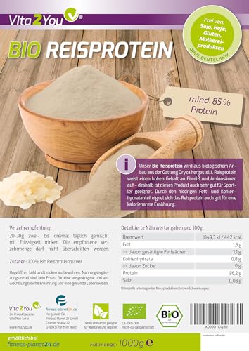 Vita2You Bio Reisprotein 1kg - Öko Anbau - 85% Protein - veganes Eiweiss - Glutenfrei - Reisproteinisolat - 1000g - Premium Qualität