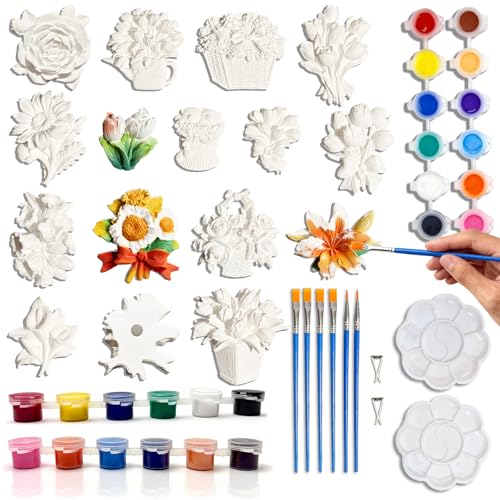 15 Pcs Plaster Painting Kit for Adults & Teens - DIY Paint Your Own Flower Magnets with Embedded Magnetic Back - Ceramic-Like Crafting Gift for Party Favor DIY Kits, Fridge Decor & Car Diffuser Stone