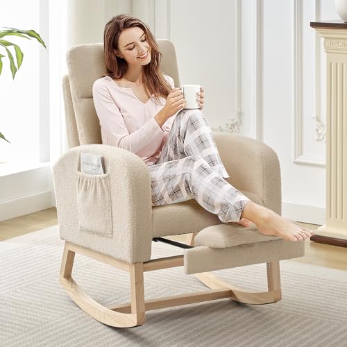 Image of Rocking Chair Nursery, Nursing Rocking Chairs with Foot Rest for Mom Nursery,Rocker Glider Chair with High Backrest for Living Room, Bedroom, Upholstered Lounge Chair with Solid Wood Base for Relaxin