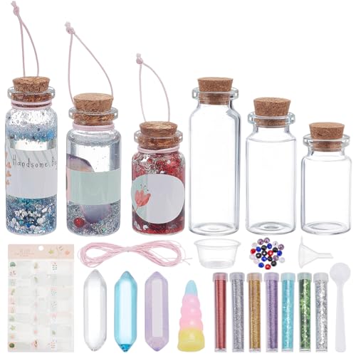 WEBEEDY 12 conjuntos de kit de poções mágicas faça-você-mesmo, 3 tamanhos, mini garrafas de vidro com cortiça, kit completo de fabricação de poções mágicas, inclui grânulos de glitter de poeira