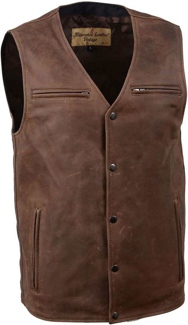 Milwaukee Leather MLM3518 Men's Gambler Snap Front Vintage Crazy Horse Brown Motorcycle Leather Vest