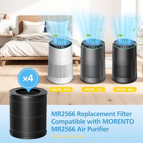 Image of 4 Pack MR2566 Filter Replacement Compatible with MORENTO MR2566 Air Purifier, 3-in-1 HEPA & Activated Carbon Replacement Filter, Standard Version, Black