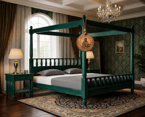 Image of Sheesham Solid Wood Allure Poster Bed for Bedroom | Handmade Wooden Cot | Elegant Four Poster King Size Bed Frame (Rustic Green, Queen, Allure)