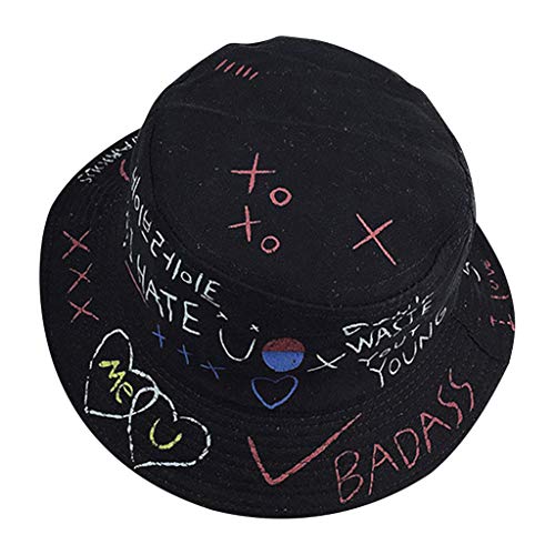 Harajuku Letters Graffiti Print Bucket Hat Men Women Sun Hat Hiphop Style Cap - Preto