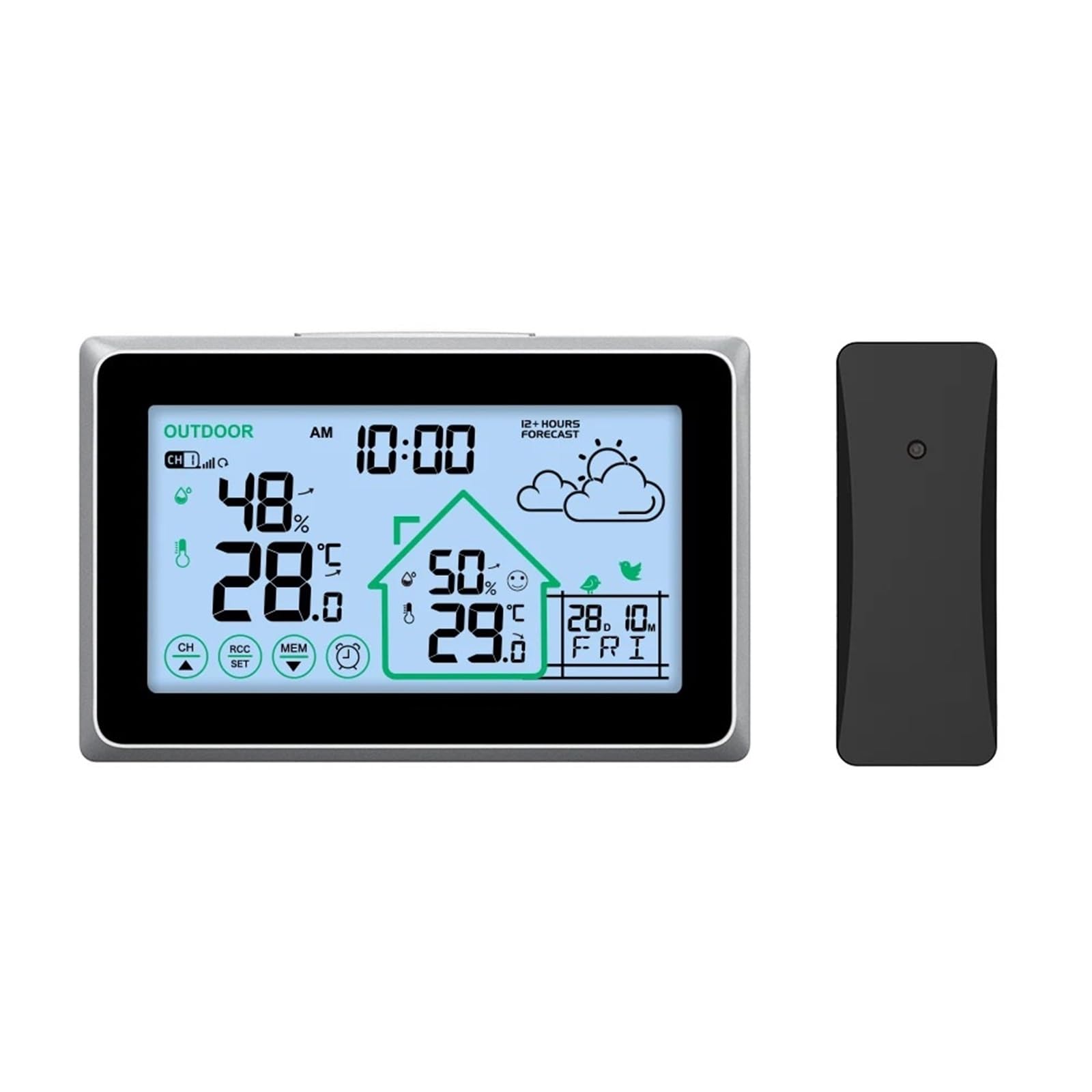 Termometr pogodowy, bezprzewodowa stacja pogodowa, dotykowy cyfrowy zegar ścienny LCD, termometr zewnętrzny, higrometr, czujnik prognozy pogody，Nero