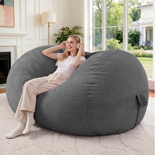 Image of 4FT Bean Bag Chair 4'Big Bean Bag Chairs with Adults, Large Beanbag Chair | Bean bag Lounger with Machine Washable Cover Corduroy Fabric, Comfy Chairs for Living Room Bedroom Dorm, Darkgrey