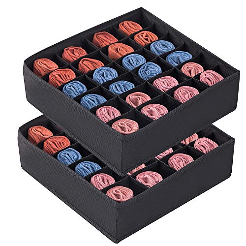 Qozary 2パック 靴下引き出しオーガナイザー ディバイダー 不織布 24セル 折りたたみ式 クローゼットキャビネットオーガナイザー 下着収納ボックス 靴下 ランジェリー 下着収納ボックス ブラック