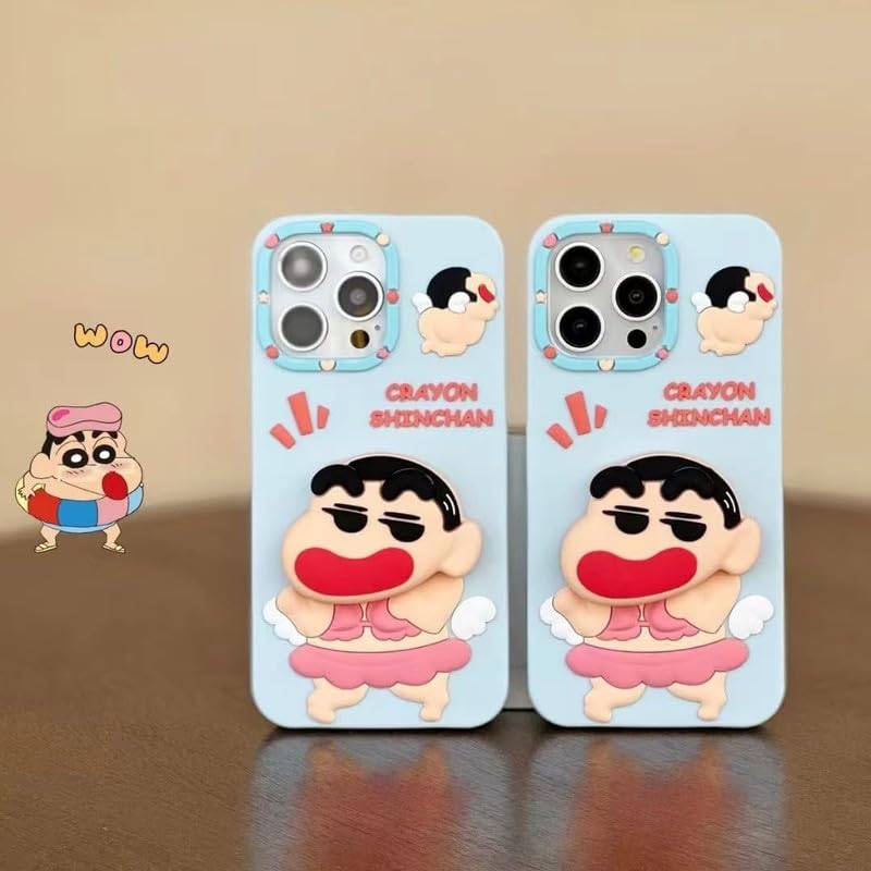 Image of COVERLY for iPhone 12 Pro 3D Cute Cartoon Crayon Shin-Chan Case,Full Protective Japanese Anime Cool Pop Back Case with Phone Holder Soft Silicon Blue Fashion Kawaii Cover for Apple iPhone 12 Pro