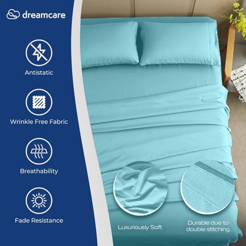 Image of DREAMCARE Full Size Sheets - Cooling Sheets - 4pcs Set - up to 15 inch Deep Pocket Full Sheet Set - Sheets Full Size Bed - Soft & Long Lasting 100% Fine Brushed Polyester with Side Pocket - Spa Blue