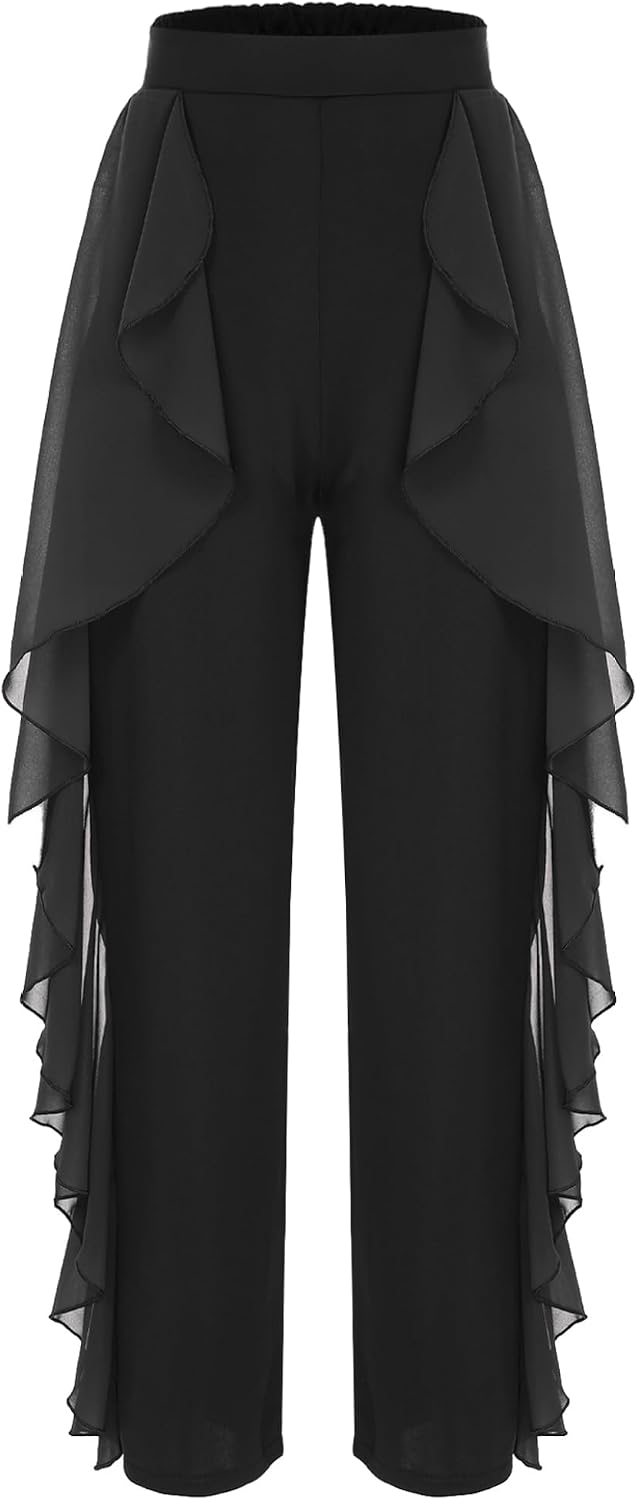 Women Latin Dance Pants Modern Dance Practice Wear Ruffled Drape Ballroom Dance Elastic Waist Wide-Leg Trousers