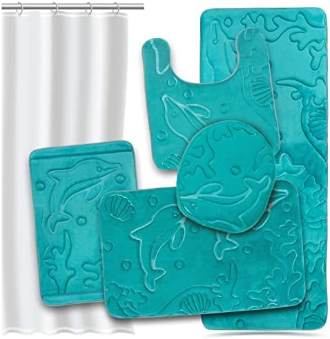 Effiliv Bathroom Rugs Set 5 Piece Memory Foam Mats + Eva Shower Liner, Extra Soft Anti-Slip Shower Large Bath Rugs Happy Feet, Happy Life, Teal 30.5x20x2 inch