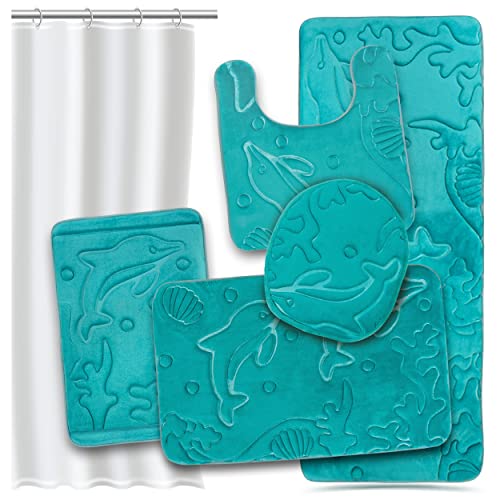 Effiliv Bathroom Rugs Set 5 Piece Memory Foam Mats + Eva Shower Liner, Extra Soft Anti-Slip Shower Large Bath Rugs Happy Feet, Happy Life, Teal 30.5X20X2 Inch #TOP23