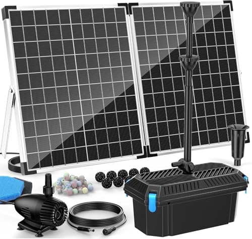 Image of Antfraer 55W Solar Pond Pump with Filter Kit - Foldable Monocrystalline Solar Panel, Pond Filter for Outdoor Ponds, Koi Ponds, Waterfalls & DIY Water Features (17FT+10FT Power Cord)