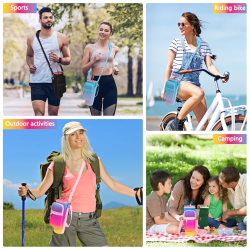 Image of Water Bottle Carrier Bag with Phone Pocket Compatible with Stanley /Meoky 40 oz Tumbler with Handle,Water Bottle Holder Pouch with Adjustable Strap Compatible with Stanley Cup Accessories,Rainbow