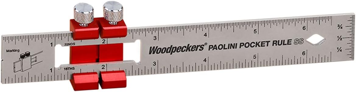 Paolini Pocket Rule, Stainless Steel, 6 Inch, Woodworking Ruler with Sliding Stop, Vertical End Scale, Scribing Notch, Engraved Scales