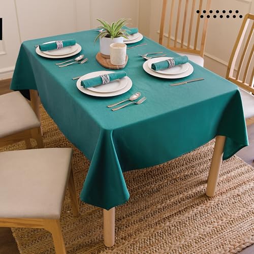 Image of Encasa XO Dining Table Cover Cloth for 4 to 6 Seater | 140x180 cm Cotton Canvas Rectangular Table Cloth | Machine Washable Tablecloth for Indoor & Outdoor Use - Emerald Solid Color