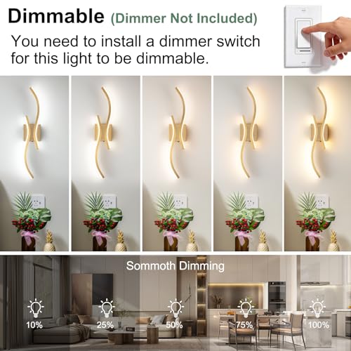 Image of CANEOE Gold Modern Wall Sconce Set of Two, 24in Dimmable Led Wall Sconce Lighting, Hardwire Indoor Wall Lamps for Living Room Bedroom Bathroom Hallway (2 Packs) (Gold, 24in)
