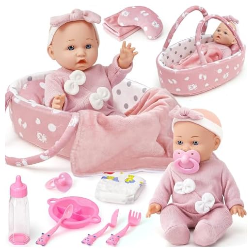 vamei Accessoire Poupon pour Poupon Bébé, Lit Portable pour Poupée avec Vêtements de Poupée & Couches pour Poupee Bébé & Sac à Langer & Biberon & Tétine, Cadeau pour Fille 2 3 4 5 an