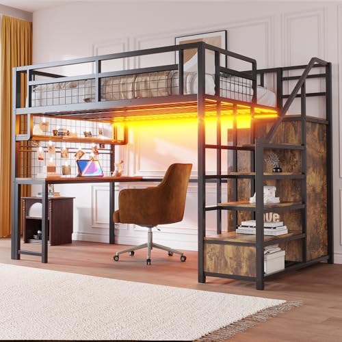 DUlVBPE Cama alta de metal 140 x 200 cm con escalera de almacenamiento y armario sencillo, con estante, mesa y estante de red, con barra de luz, enchufe negro