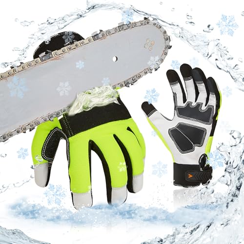 Vgo... Guanti per Motosega Impermeabili Termici, Protezione da Sega a 12 Strati su Sinistra, Guanti Lavoro Antitaglio Invernali (L, Verde 1 paio)