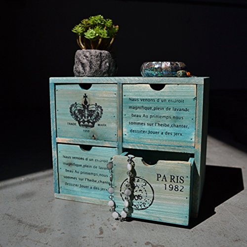 French Country Design Rustic Turquoise 4 Drawer Wooden Storage Cabinet/Jewelry Organizer Chest - MyGift