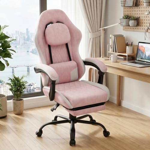 Image of Video Gaming Chair, Ergonomic Office Chair with Footrest, Lumbar Support and Linkage Armrests, Swive Home Video Game Chairs for Adults, Pink