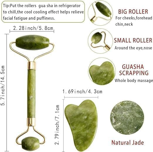Image of NEW Facial Massager Jade Roller & Gua Sha Tool Natural Himalayan Stone For Face Neck Healing Skin Wrinkles & Serum Application Hair Scalp Brush & Ice Massager Combo Offer Pack Of 4