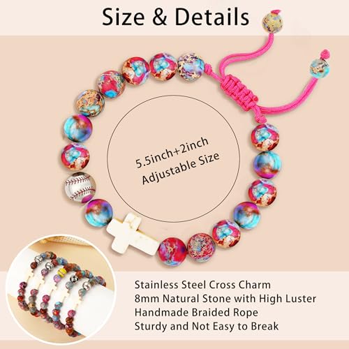 Image of Softball /Soccer /Volleyball /Basketball /Baseball /Football Sports Gifts for Girls Teens Natural Stone Beaded Cross Bracelets Christian Religious Game Day Jewelry Gift