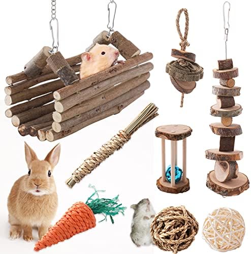RLRICH 8 Pack Hamster Toys Hamster Chew Toys Accessories Cage Set for Teeth Care Organic Wooden Hammock Bell Roller for Guinea Pigs Syrian Dwarf Hamster Rat Chinchillas Gerbils Rabbits Bunny