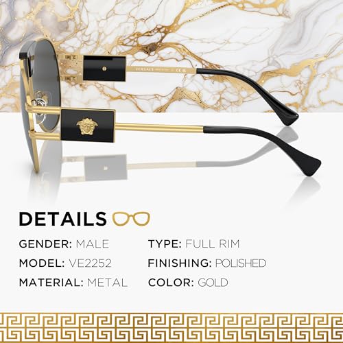 Versace VE2252 Non-Polarized Aviator Sunglasses for Men – Gold Metal Frame with Black Temples, eShades Eyewear Kit Included3