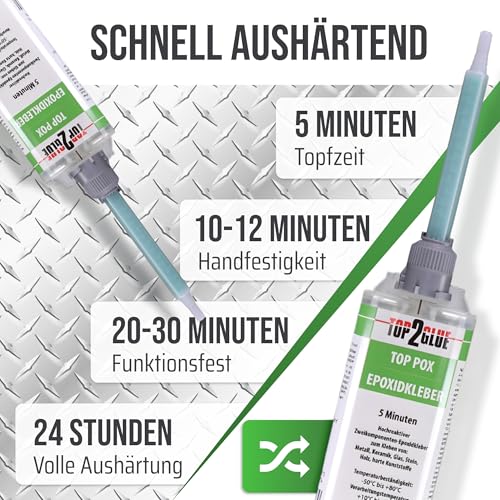 Top2Glue 2k Kleber | Epoxidharz Kleber | 5 Min Harz | echter Epoxy Kleber | 2 Komponenten Kleber | Kunststoff Metall Glas Stein Beton Holz | Express Kleber | 25g Spritze 1:1 + 2 Spitzen