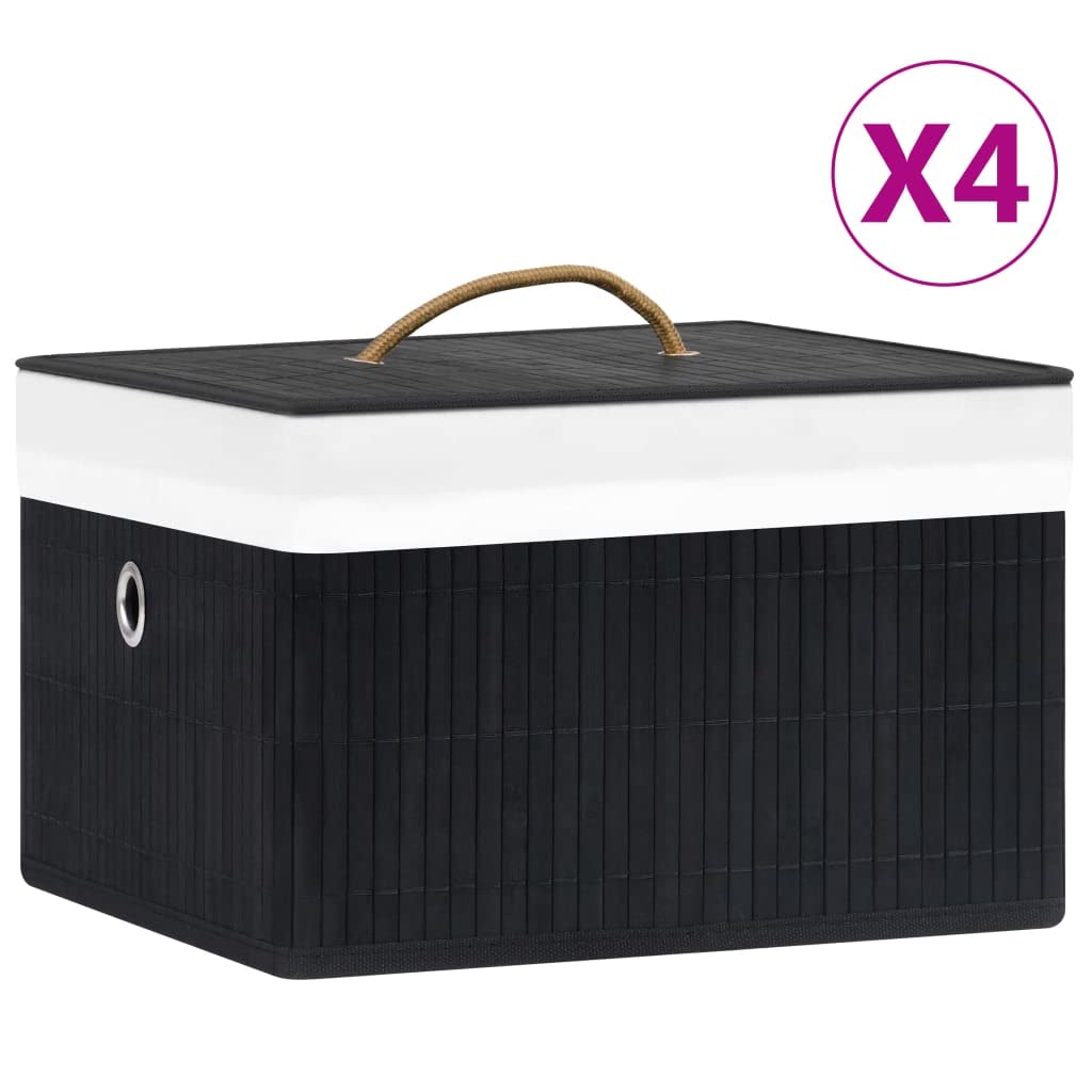 Bambus Aufbewahrungsboxen 4 Stk Schwarz, faltbare Boxen aus Bambus und gewebtem Stoff für Kleiderschrank, platzsparend zusammenfaltbar mit praktischer Öse für Schals, Socken