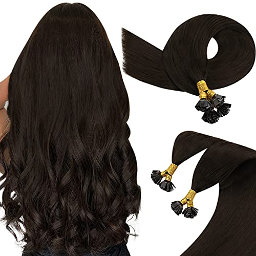 Sunny Flat Tip Brown Hair Extensions Utips Pre Bonded Remy Human Hair Extensions U Tip Hot Fusion Extensions #2 Darkest Brown Brazilian Hair Keratin Thick End Extensions 14inch 50g/pack