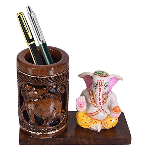 Image of Craft Trade 14x11 Cm Round Carved Wooden Pencil Holder with Ceramic Ganesha Statue - White Brown
